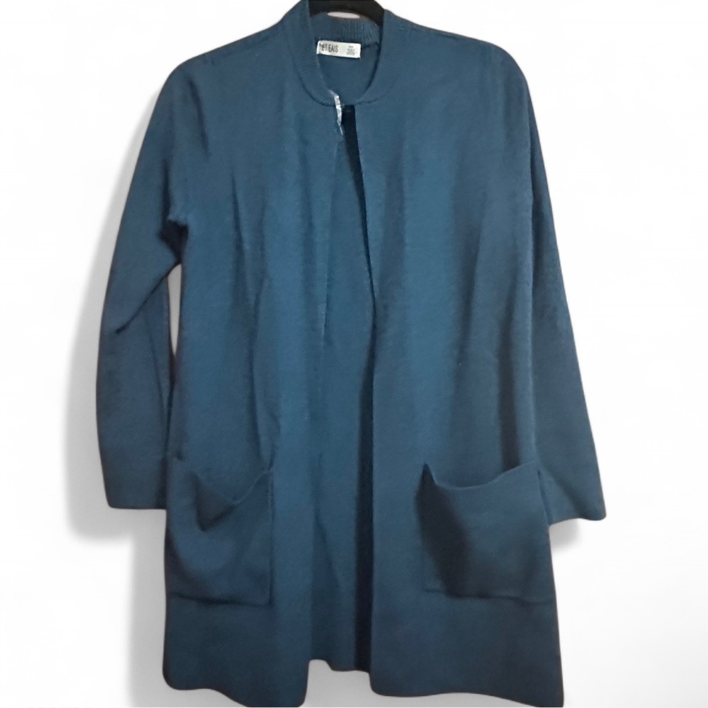 Blue Knit Cardigan Sweater with Open Front